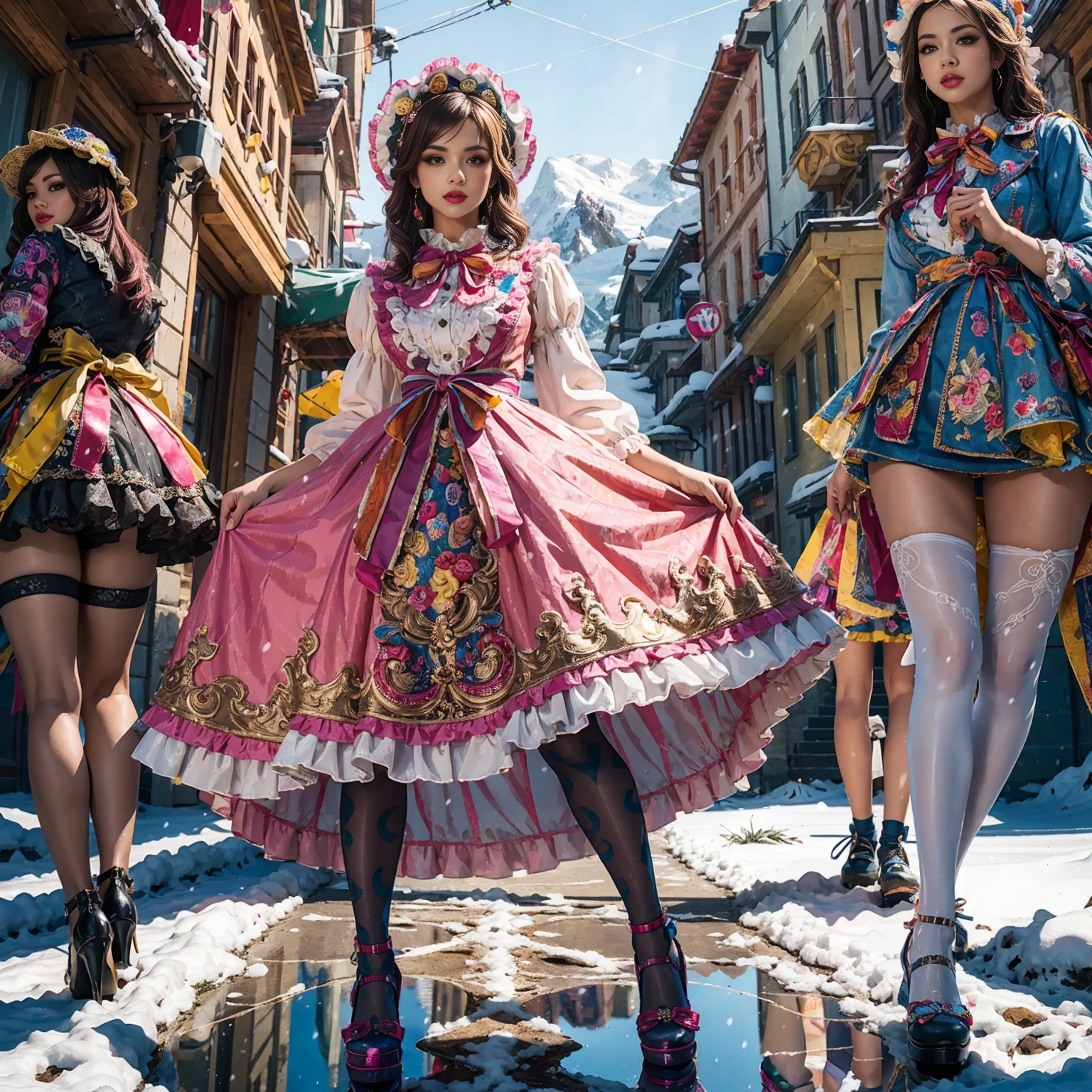 Model figure, long-legged woman, A woman in a luxurious and elaborate lolita dress, wearing lolita mary jane shoes with ornate details, patterned tights, standing on a snowy mountain, with reflective skin and reflective clothing, venusbody, full body shot, ray tracing, reflection light, chiaroscuro, UHD, masterpiece, anatomically correct, textured skin, super detail, high quality, 4K, highres