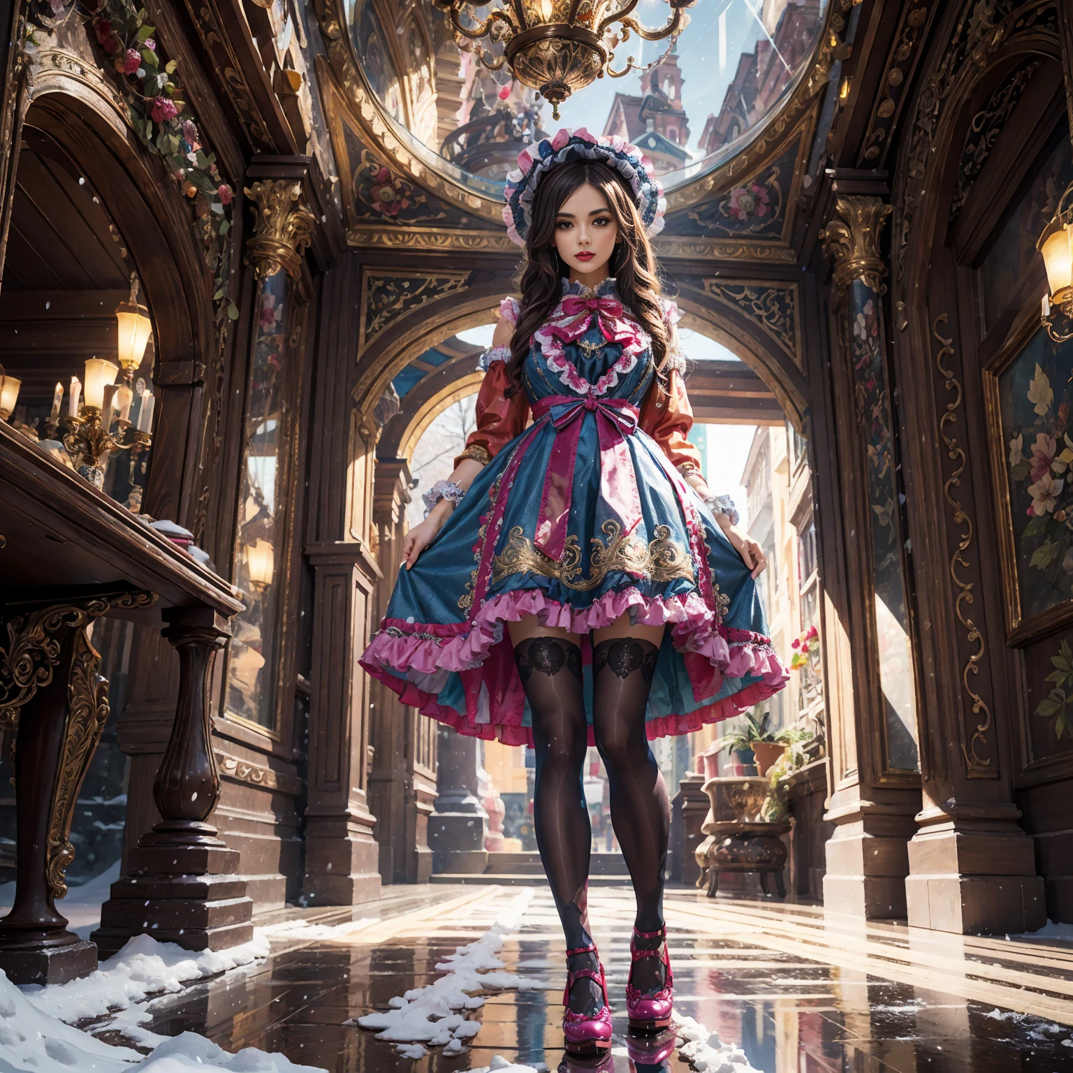 Model figure, long-legged woman, A woman in a luxurious and elaborate lolita dress, wearing lolita mary jane shoes with ornate details, patterned tights, standing on a snowy mountain, with reflective skin and reflective clothing, venusbody, full body shot, ray tracing, reflection light, chiaroscuro, UHD, masterpiece, anatomically correct, textured skin, super detail, high quality, 4K, highres