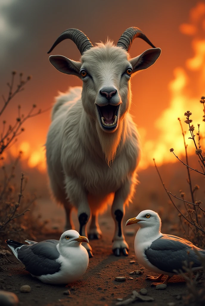 a goat cries because of two seagulls burnt in a fire nearby