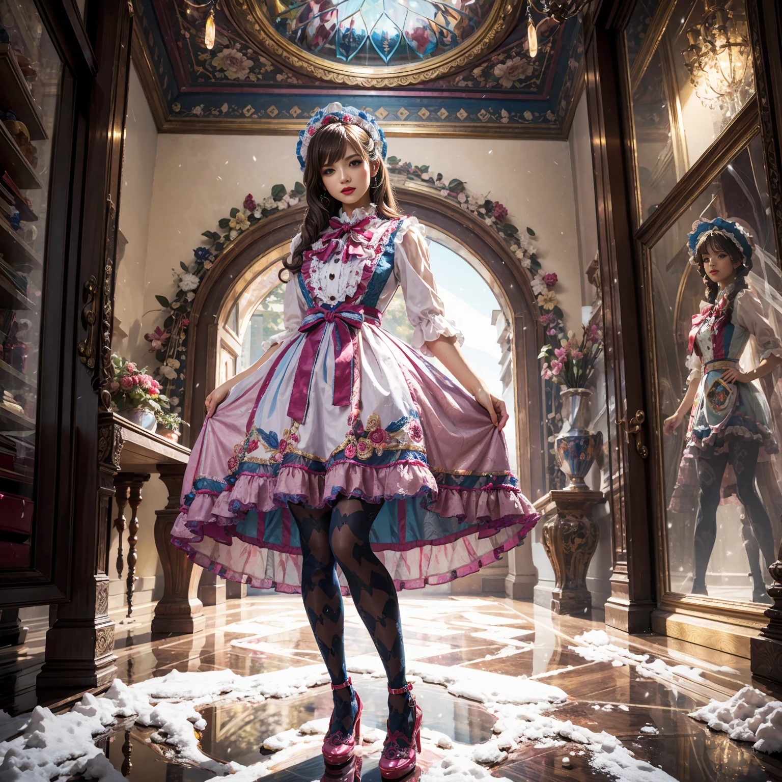 Model figure, long-legged woman, A woman in a luxurious and elaborate lolita dress, wearing lolita mary jane shoes with ornate details, patterned tights, standing on a snowy mountain, with reflective skin and reflective clothing, venusbody, full body shot, ray tracing, reflection light, chiaroscuro, UHD, masterpiece, anatomically correct, textured skin, super detail, high quality, 4K, highres