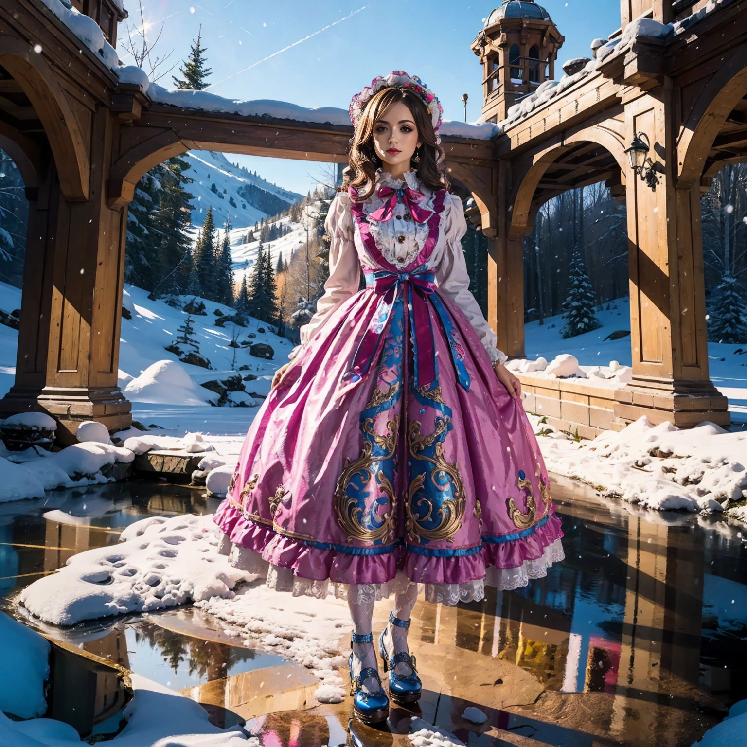 Model figure, long-legged woman, A woman in a luxurious and elaborate lolita dress, wearing lolita mary jane shoes with ornate details, patterned tights, standing on a snowy mountain, with reflective skin and reflective clothing, venusbody, full body shot, ray tracing, reflection light, chiaroscuro, UHD, masterpiece, anatomically correct, textured skin, super detail, high quality, 4K, highres