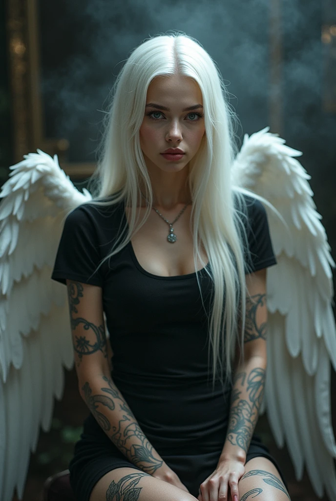 lady white long hair perfect body setting on the chair and have tattoos with black t-shirt and necklace like a fairy face smooth skin pink lips and dark smoke background and have a big wings of an angel at the back