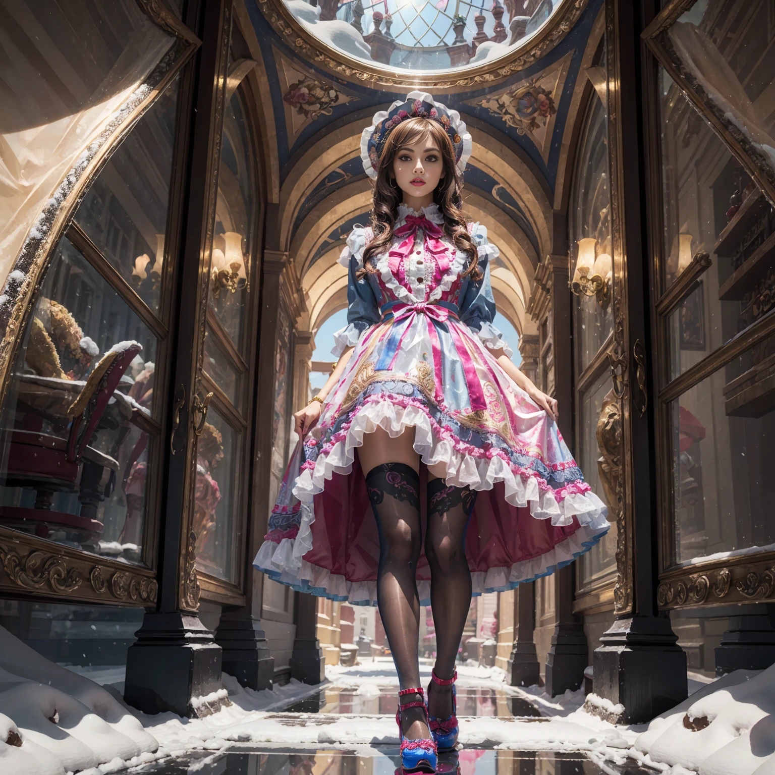 Model figure, long-legged woman, A woman in a luxurious and elaborate ****ta dress, wearing ****ta mary jane shoes with ornate details, patterned tights, standing on a snowy mountain, with reflective skin and reflective clothing, venusbody, full body shot, ray tracing, reflection light, chiaroscuro, UHD, masterpiece, anatomically correct, textured skin, super detail, high quality, 4K, highres