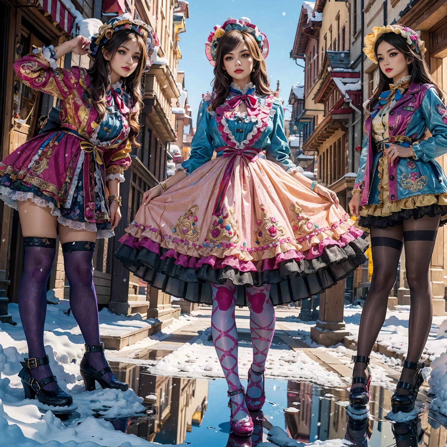 Model figure, long-legged woman, A woman in a luxurious and elaborate ta dress, wearing loliary jane shoes with ornate details, patterned tights, standing on a snowy mountain, with reflective skin and reflective clothing, venusbody, full body shot, ray tracing, reflection light, chiaroscuro, UHD, masterpiece, anatomically correct, textured skin, super detail, high quality, 4K, highres