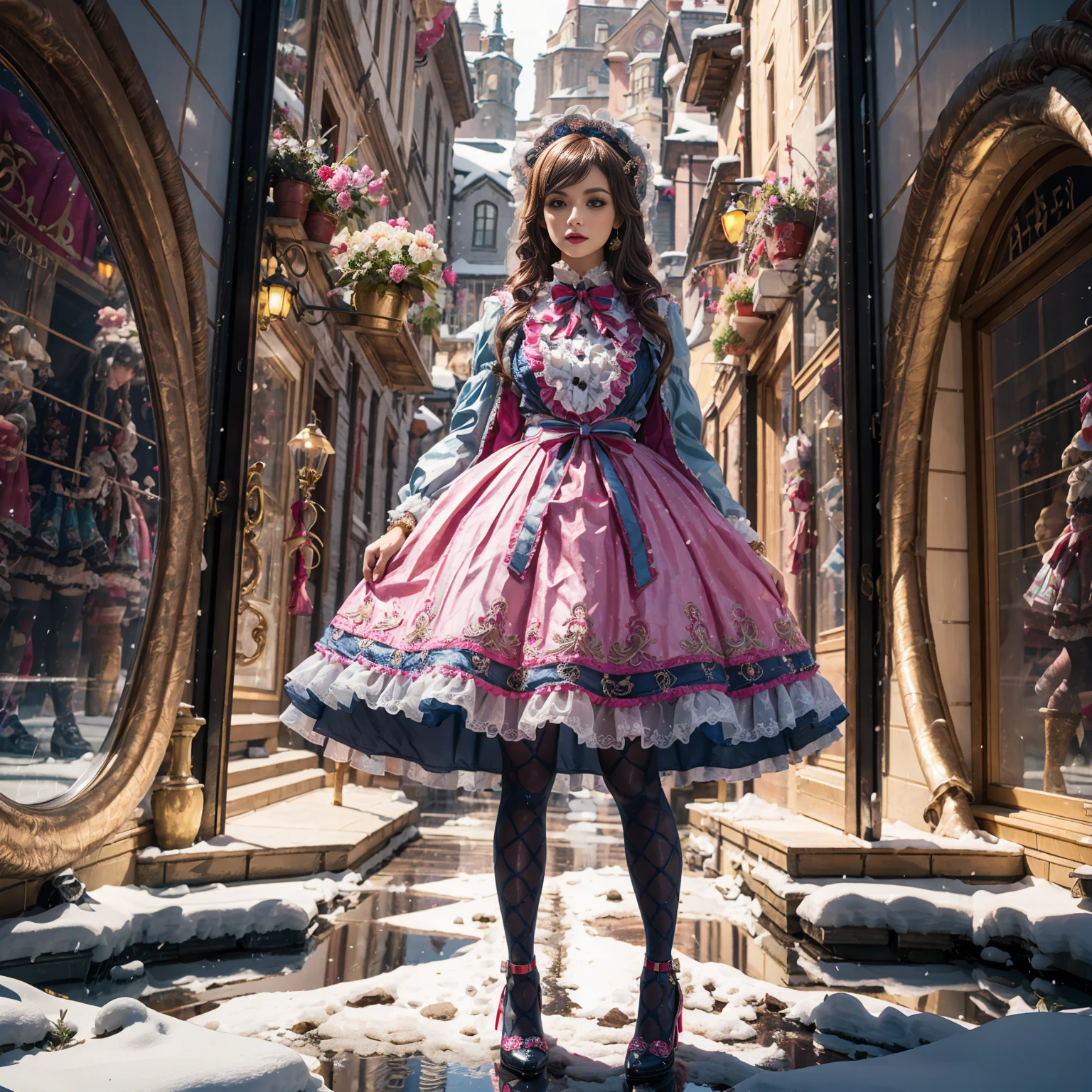 Model figure, long-legged woman, A woman in a luxurious and elaborate ta dress, wearing loliary jane shoes with ornate details, patterned tights, standing on a snowy mountain, with reflective skin and reflective clothing, venusbody, full body shot, ray tracing, reflection light, chiaroscuro, UHD, masterpiece, anatomically correct, textured skin, super detail, high quality, 4K, highres