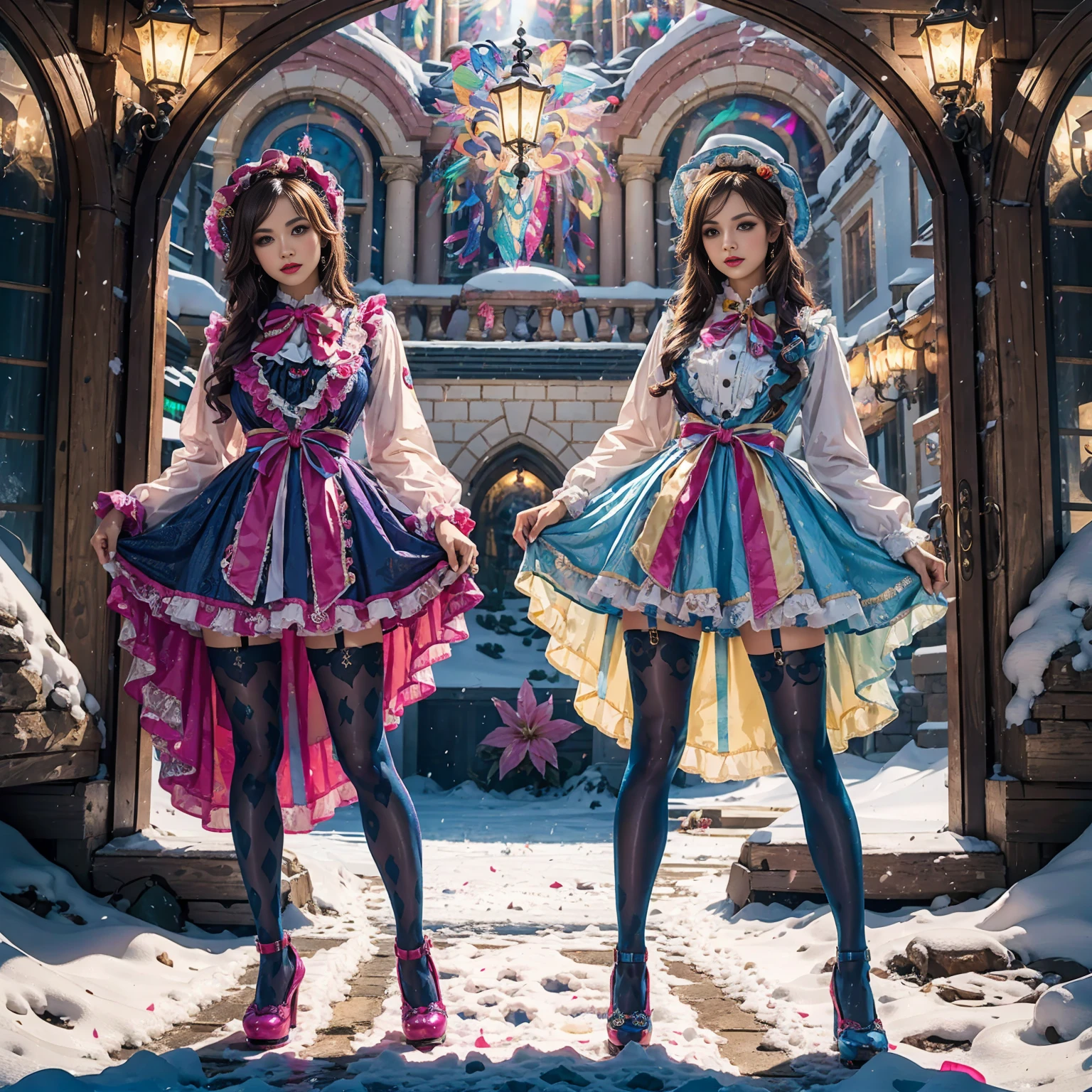 Model figure, long-legged woman, A woman in a luxurious and elaborate lolita dress, wearing lolita mary jane shoes with ornate details, patterned tights, standing on a snowy mountain, with reflective skin and reflective clothing, venusbody, full body shot, ray tracing, reflection light, chiaroscuro, UHD, masterpiece, anatomically correct, textured skin, super detail, high quality, 4K, highres