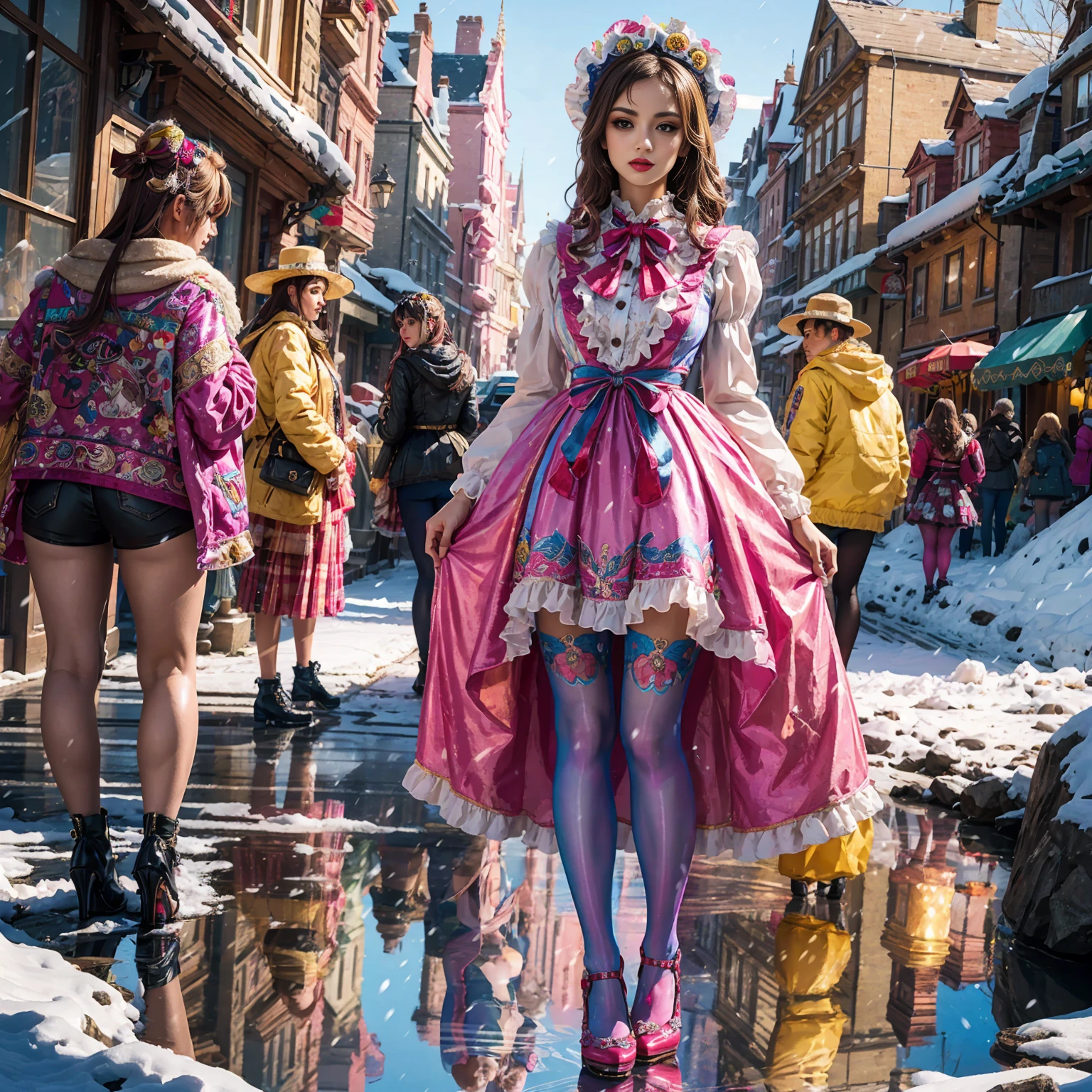 Model figure, long-legged woman, A woman in a luxurious and elaborate lolita dress, wearing lolita mary jane shoes with ornate details, patterned tights, standing on a snowy mountain, with reflective skin and reflective clothing, venusbody, full body shot, ray tracing, reflection light, chiaroscuro, UHD, masterpiece, anatomically correct, textured skin, super detail, high quality, 4K, highres