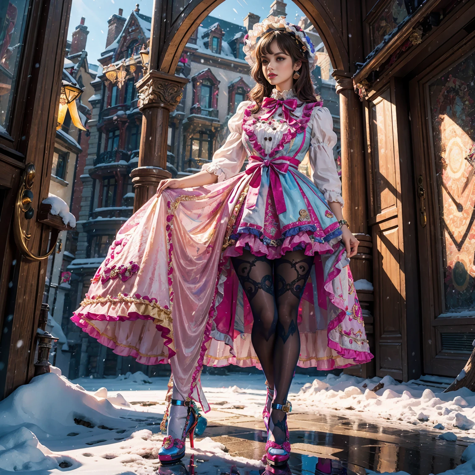 Model figure, long-legged woman, A woman in a luxurious and elaborate lolita dress, wearing lolita mary jane shoes with ornate details, patterned tights, standing on a snowy mountain, with reflective skin and reflective clothing, venusbody, full body shot, ray tracing, reflection light, chiaroscuro, UHD, masterpiece, anatomically correct, textured skin, super detail, high quality, 4K, highres