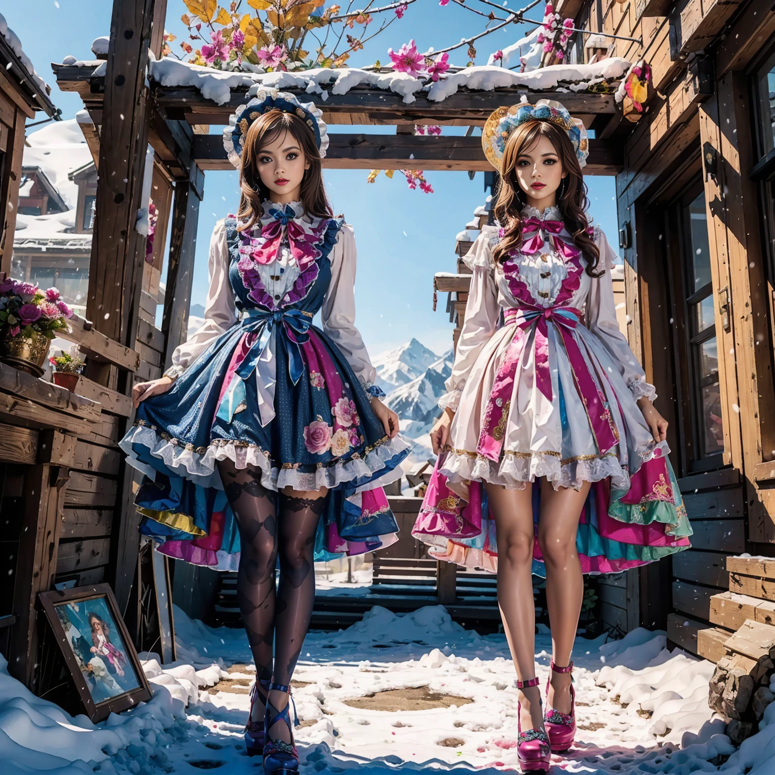 Model figure, long-legged woman, A woman in a luxurious and elaborate lolita dress, wearing lolita mary jane shoes with ornate details, patterned tights, standing on a snowy mountain, with reflective skin and reflective clothing, venusbody, full body shot, ray tracing, reflection light, chiaroscuro, UHD, masterpiece, anatomically correct, textured skin, super detail, high quality, 4K, highres