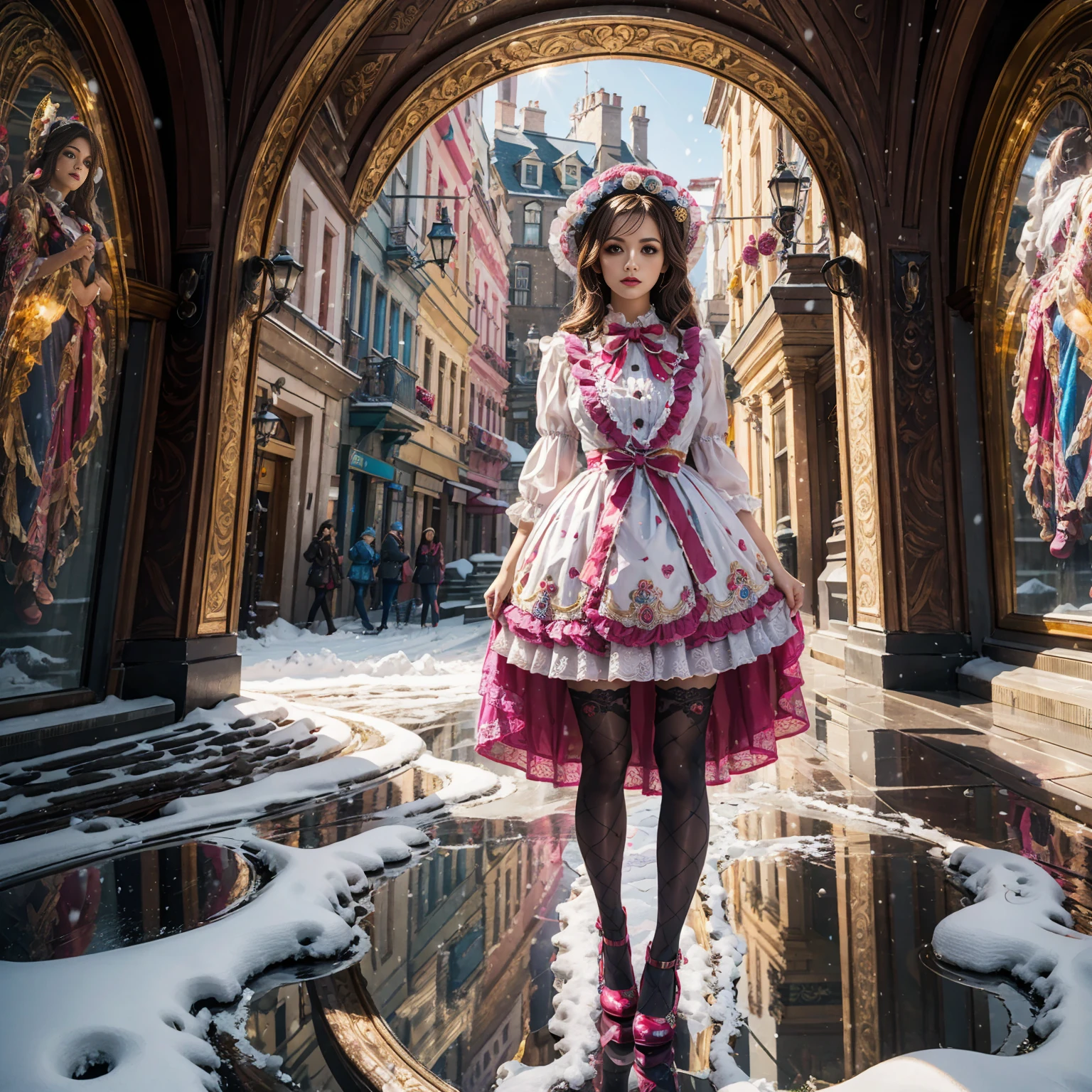Model figure, long-legged woman, A woman in a luxurious and elaborate lolita dress, wearing lolita mary jane shoes with ornate details, patterned tights, standing on a snowy mountain, with reflective skin and reflective clothing, venusbody, full body shot, ray tracing, reflection light, chiaroscuro, UHD, masterpiece, anatomically correct, textured skin, super detail, high quality, 4K, highres