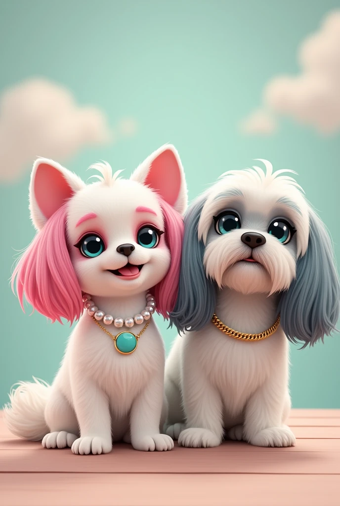 A white shitz tu dog small with a smile and pink dyed down ears and a white and teal (alternate) beaded necklace. Beside the shitzu is another shitzu he is taller than the other shitzu but he has grayish bluish down ears with a dog gold chain. All their hair is down no hairstyles