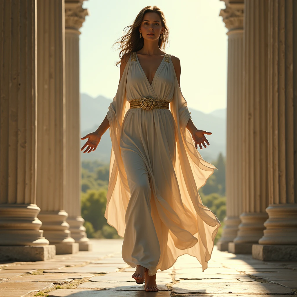 high resolution, Greek god, statue, a female Greek goddess walking away with her hands outstretched and as if trying to grab someone, palms facing forward,