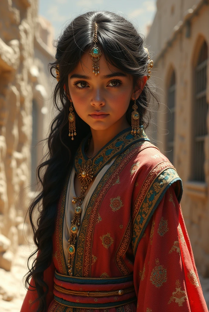A dark haired girl, brown skin, and a traditional style of dress of the West Bank culture