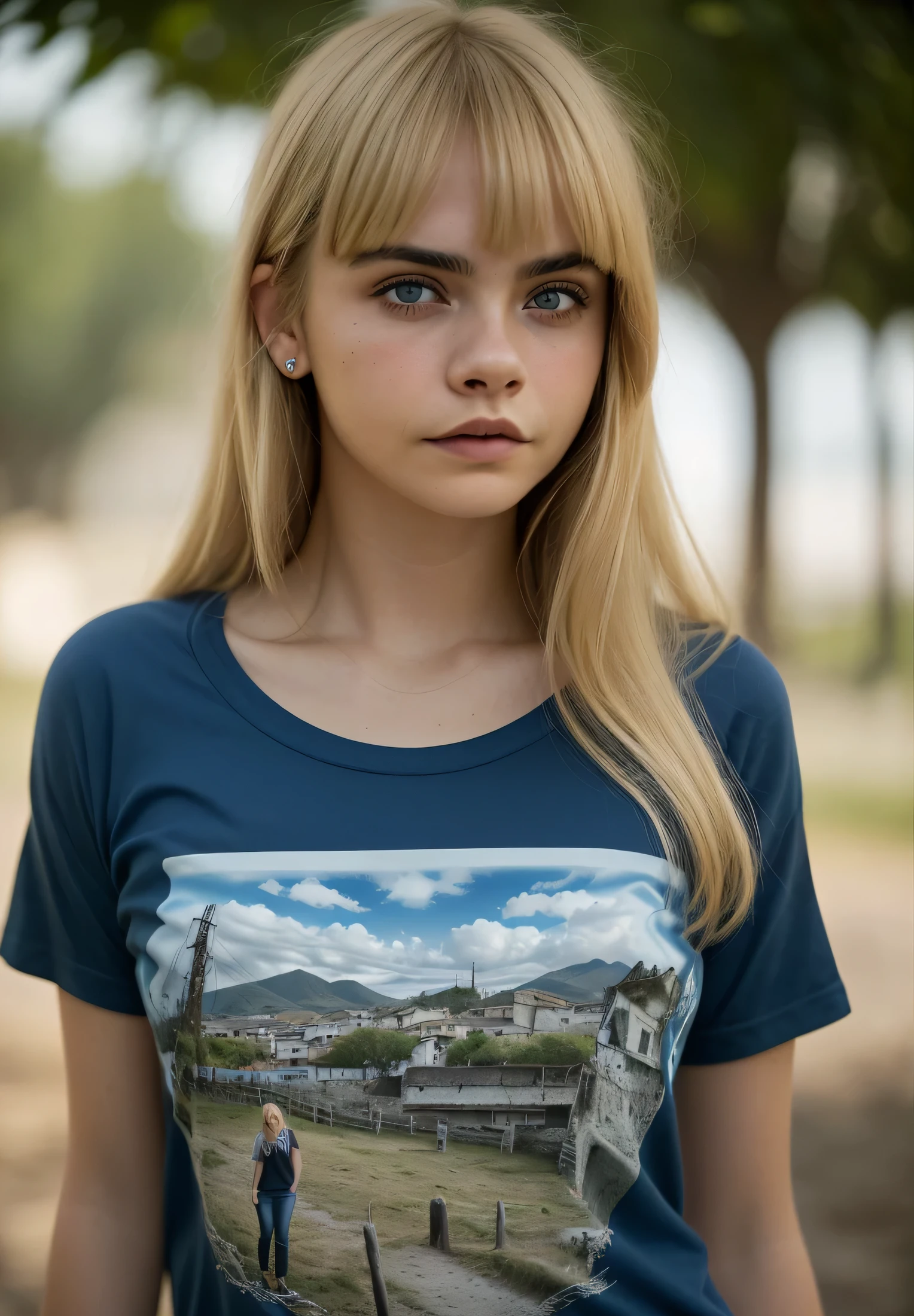 dark background, hyper real photo of ((beautiful young woman of 18 years , blonde hair with bangs, deep blue eyes, Inside a loft with a worn and torn cotton t-shirt)), escapes of the pursuit of a scary zombie, abs, mooflo posing, ((Realistic and detailed face and eyes)), cinematic lighting, 16K resolution, (style or session or mooflo), atarofcer, (of_below:1.4), Soft small covered by (ripped cotton tank top), natural breasts