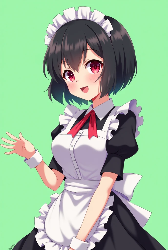 Maid cafe maid with short black hair, Red eyes, a sensual and happy expression, age range between 18 and 26 years, anime style completely in 2D, with pastel colors, with a completely flat and green background