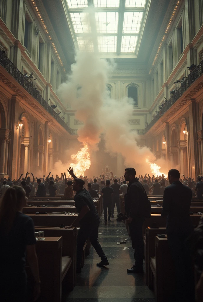 invasion of the Brazilian National Congress, smoke coming out;with people crying