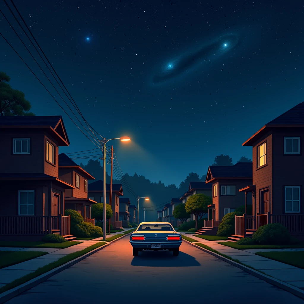 night city , retro , 1car parked ,empty street, calm neighberhood , stars and galaxy in the sky