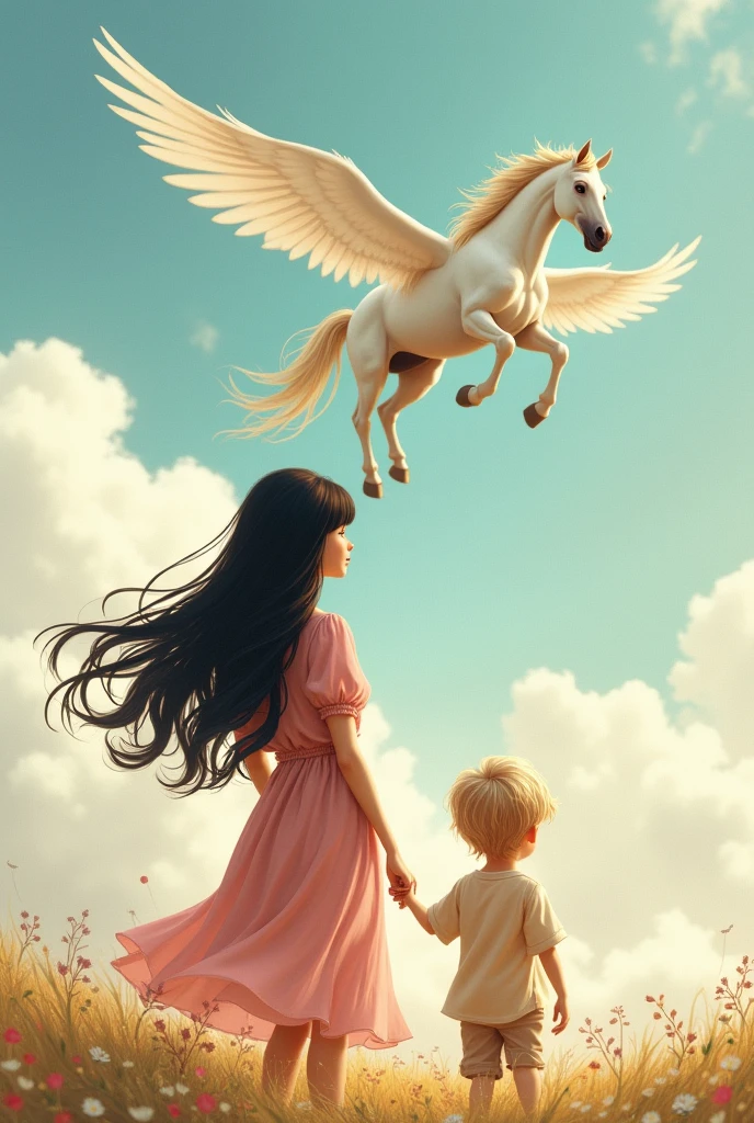 Create a woman in a pink blouse with long black hair with loose bangs with your 3-year-old son, blond hair a little voluminous, are standing with their backs facing a horse with wings flying in the sky.
