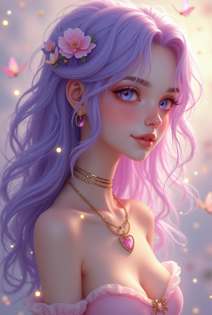 (Full-body image) (Highest quality possible) (Greatest possible realism) An extremely delicate and feminine femboy boy, her hair is purple and pink, Her skin is white and delicate, under your skin is a golden, shiny powder, their eyes are different colors each one has a different color, he is cheerful and loves butterflies, wears a heart necklace and choker, he is elegant and has noble origins.