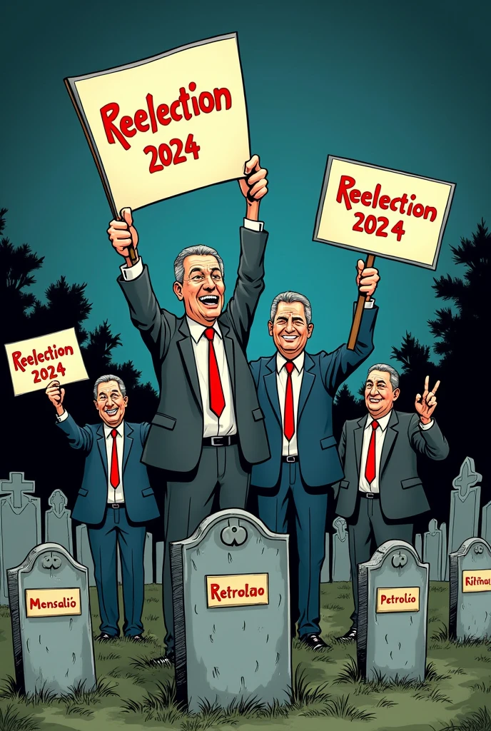 Illustration on the cover of the newspaper: A cartoon of politicians rising from graves labeled with corruption scandals like “Mensalão”, “Petrolão” and “CPI of NGOs”, everyone with smiles and holding “Reelection 2024” signs. Titulo: The Pasquin. Caption: The return of the living dead: politicians who never die
