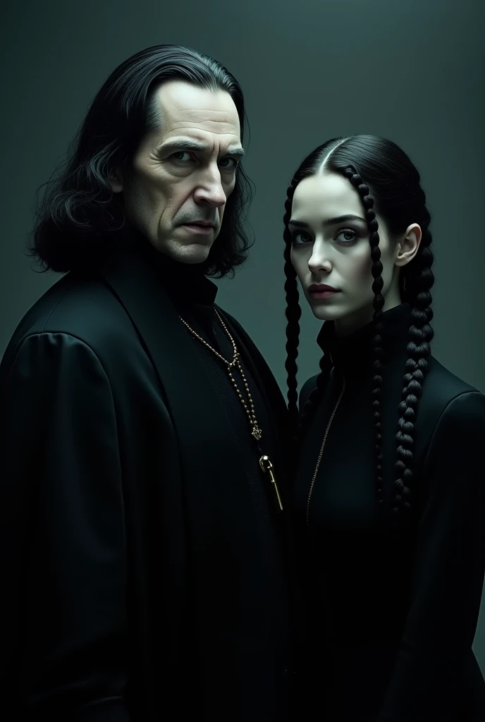 The stern Snape (Alan rickman) along with Wednesday Addams (Jenna Ortega) Facing the camera