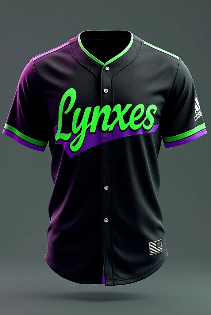 Create a black baseball jersey, with details in green and purple, in front that says "Lynxes"