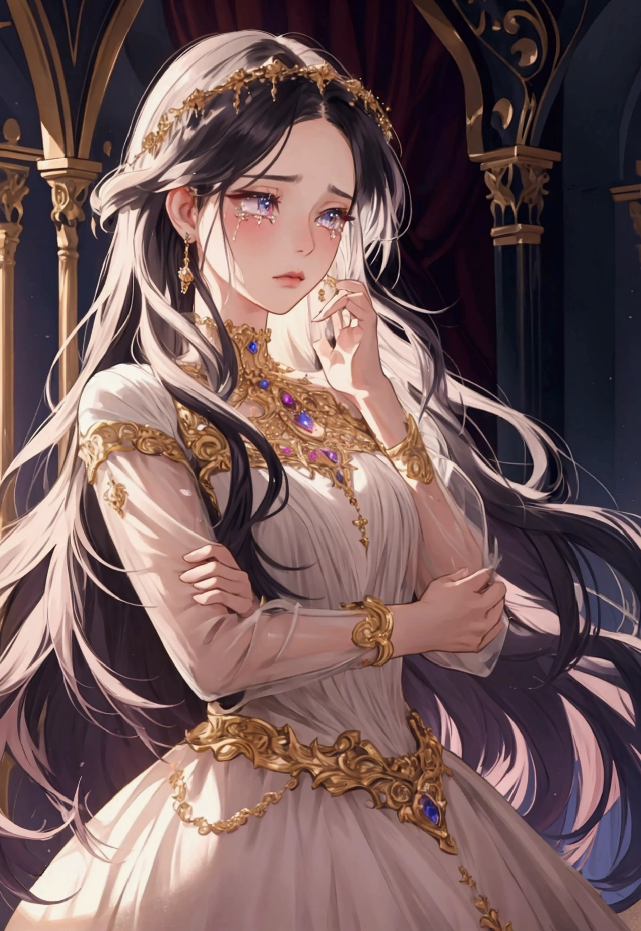 a beautiful princess crying over unrequited love, long flowing hair, piercing eyes, dramatic lighting, ornate dress, complex jewelry, transparent png format, digitl art, cinematographic, hyperdetailed, 8k, photorrealistic
