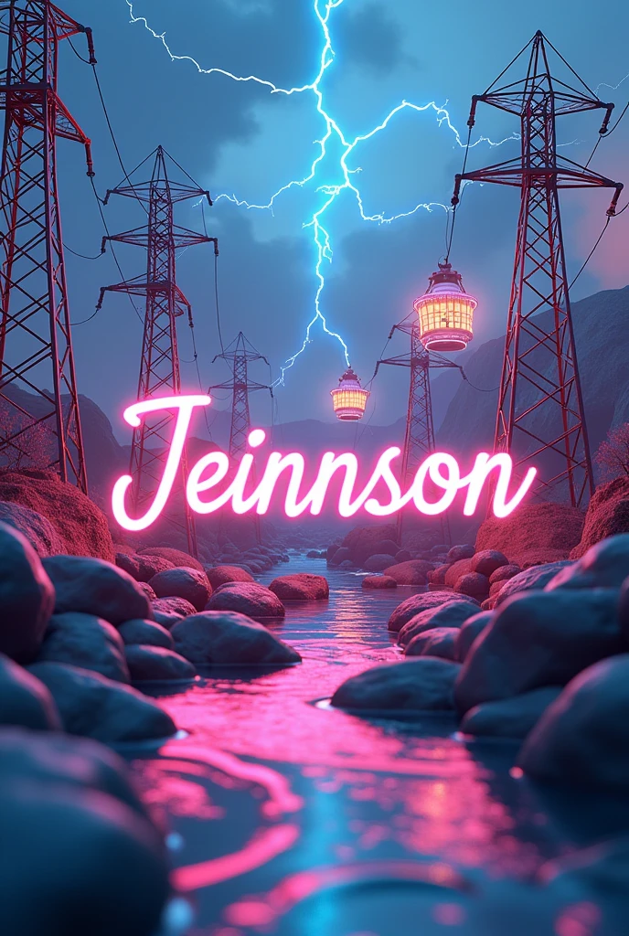 Image with the name jeinnson in cursive letters with a background of electricity transformers 3D art and electricity generators and electric rays