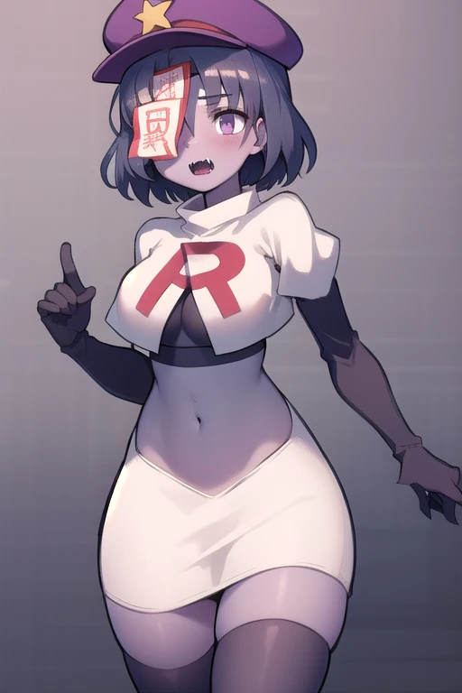 best quality, (masterpiece:1.2), illustration, absurdres,
(1girl), (solo), (beautiful detailed girl),
Miyako Yoshika, (blue skin, purple skin:1.1), dark blue hair, purple eyes, medium breasts, zombie, jiangshi, undead
blue hat with a yellow star, ofuda on forehead, fangs, looking at viewer,
team rocket,team rocket uniform,white skirt,red letter R,crop top,black thigh-highs,black elbow gloves, cowboy shot,