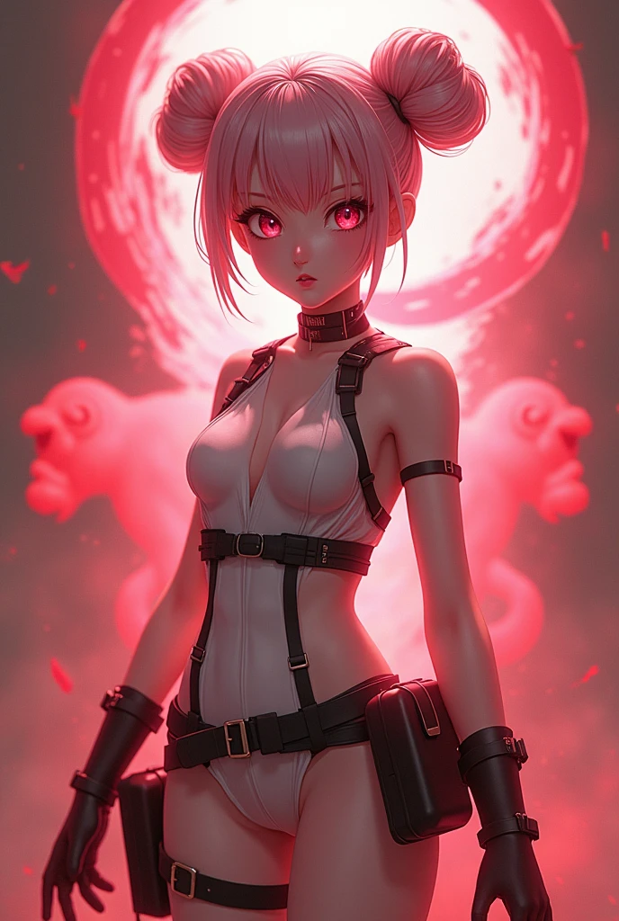 Pink eyes and twin bun hair、A beautiful girl in a white one-piece dress and combat gear is surrounded by a red monkey aura in the background.、Full image of the girl、Smaller breasts、Ghost of a monkey、