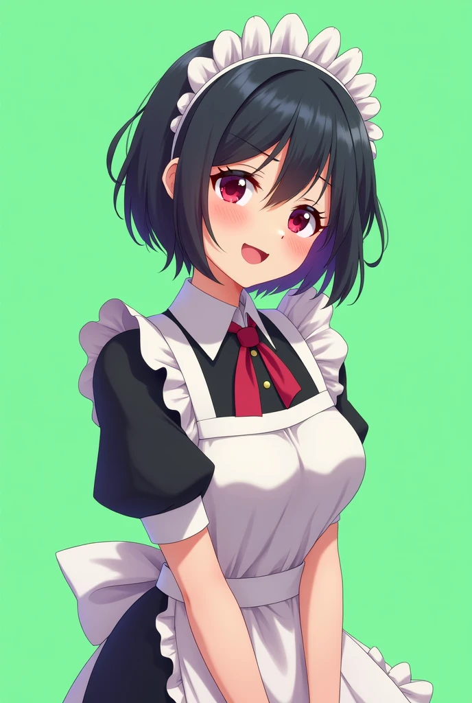 Maid cafe maid with short black hair, Red eyes, a sensual and happy expression, age range between 18 and 26 years, anime style completely in 2D, with pastel colors, with a completely flat and green background 