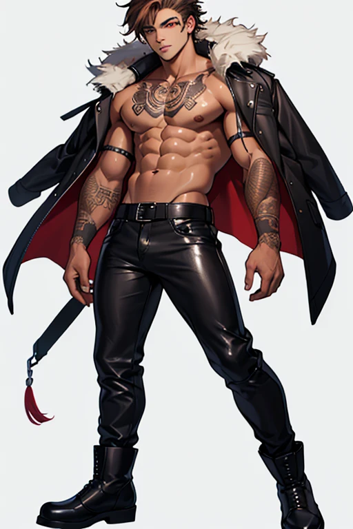 a 21yo guy with shoulder length brown hair and red eyes and tanned skin who only wears a brown overcover with tribal drawings and white fur on the edges shirtless with red tribal tattoos and wearing black leather pants with crocodile boots