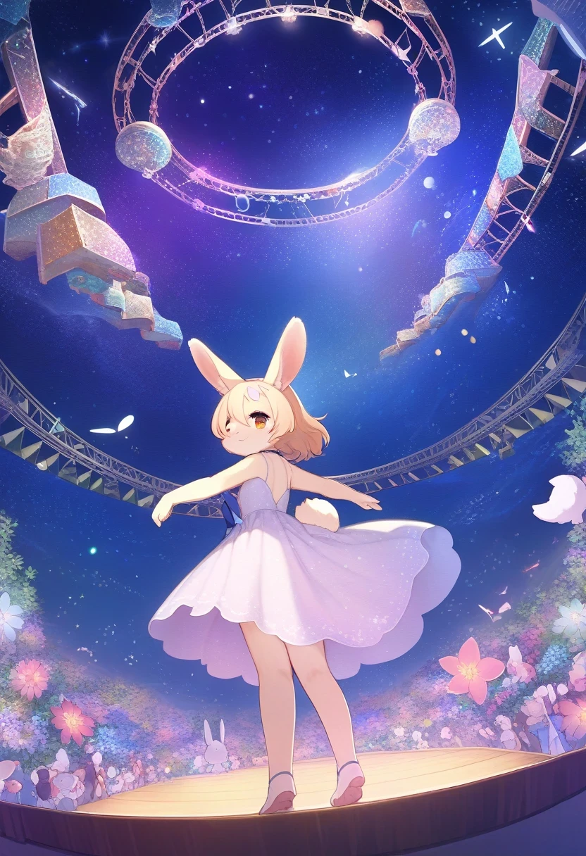((Masterpiece)), ((Best Quality)), (Very Detailed), ((Very Detailed)), 4K, (8K), very aesthetic, absurdres highres, 1 woman, (anthropomorphic Rabbit,, furry, kemono:1.5), A girl wearing a dress made of small stars and playing a star-shaped instrument on the stage of a heavenly music festival. The night sky is full of constellations and shooting stars, and her dress sparkles every time she moves. On a sea of stars. The transparent stage is decorated with star-shaped lamps and flower arches, creating a magical festival atmosphere. Music echoes through the starry sky and stars twinkle to the rhythm.