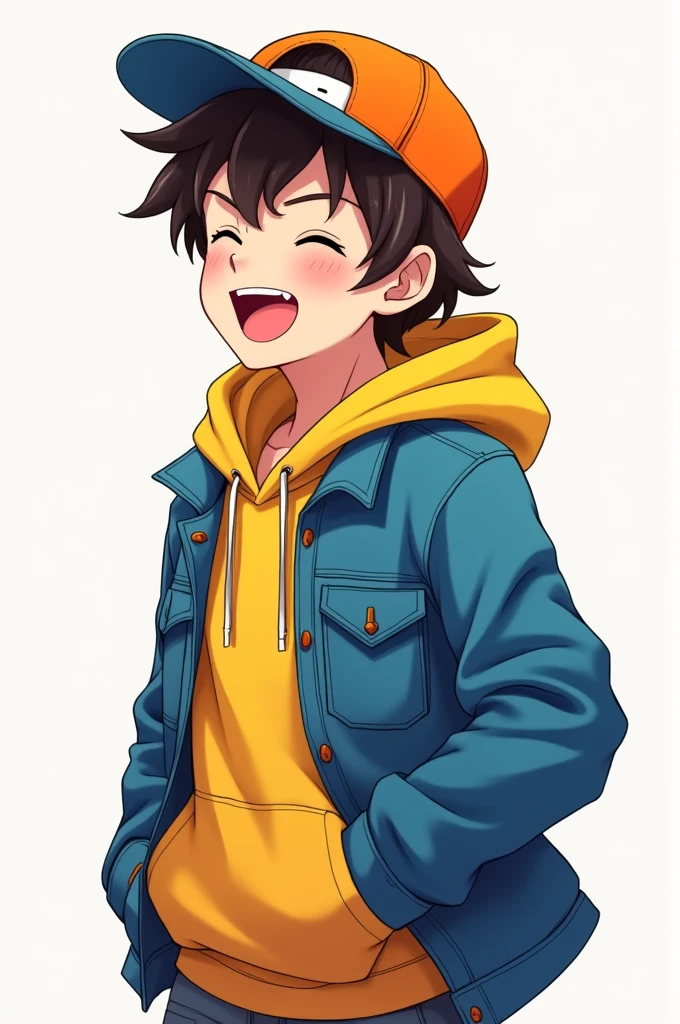 create an anime image of a 19 year old boy wearing a yellow hoodie and a blue jacket,His hair is dark brown and he wears an orange cap backwards,he is laughing turned to the side