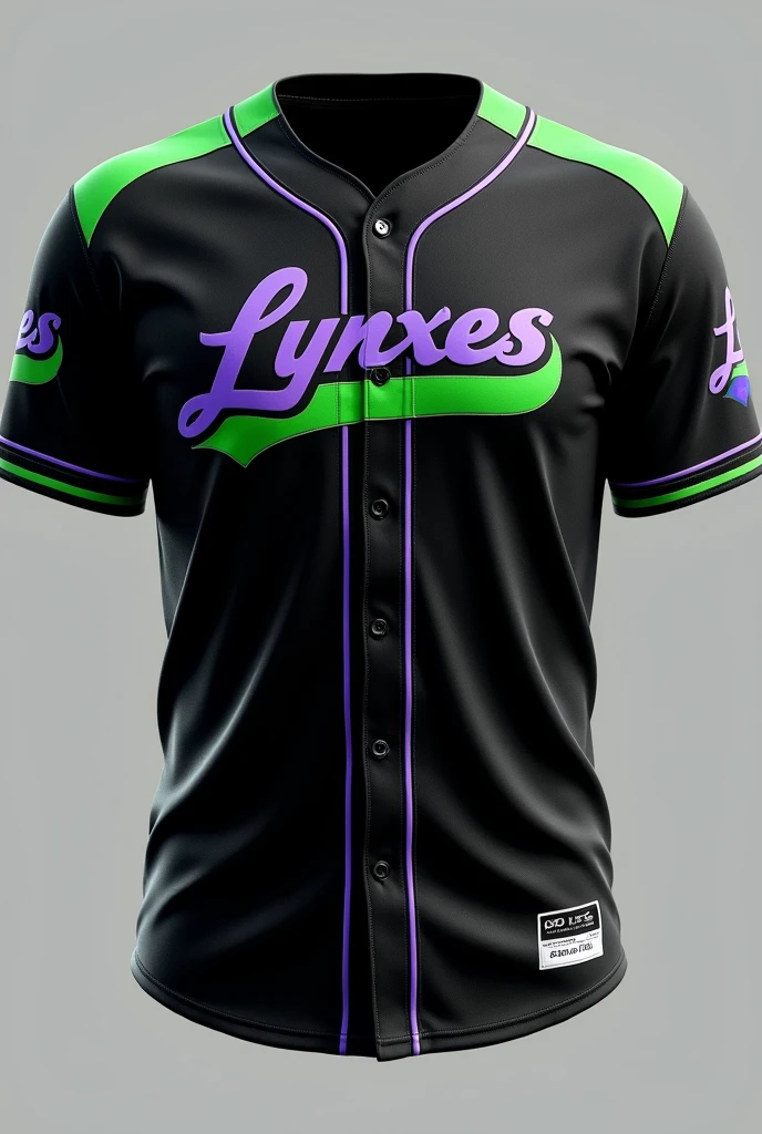 Create a black baseball jersey, with details in green and purple, in front that says "Lynxes"