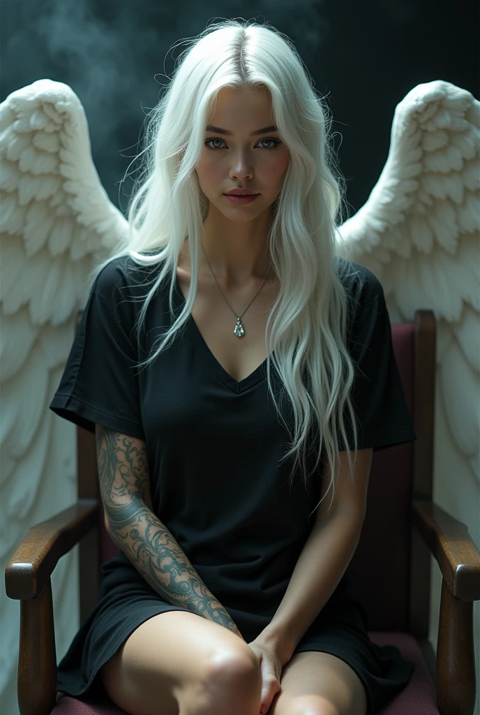 lady white long hair perfect body setting on the chair and have tattoos with black t-shirt and necklace like a fairy face smooth skin pink lips and dark smoke background and have a big wings of an angel at the back