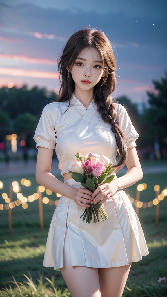 ulzzang-6500-v1.1, (RAW photo: 1.2), (Real photo), (Real photo: 1.4), 1 girl、Perfect anatomy、19 years old、Looking at the camera、Medium length hair、side braid, short white uniform skirt, holding a bouquet of roses at night, under the starry night sky, ((in the park: 1.1))、(Business service)、Asian eyes Ella,