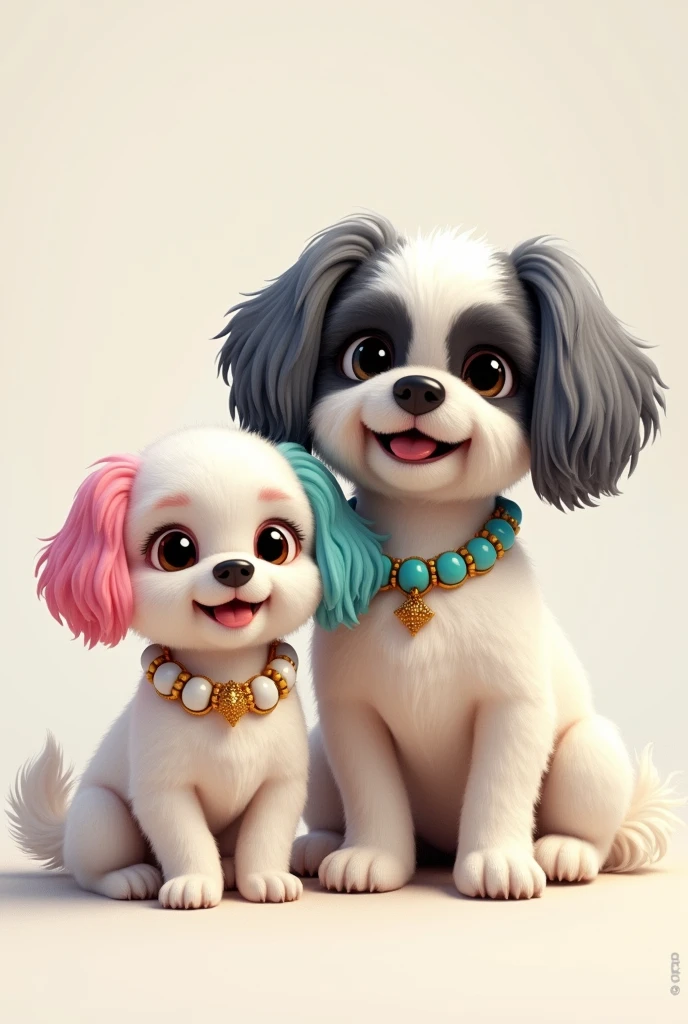 A white shitz tu dog small with a smile and pink dyed down ears and a white and teal (alternate) beaded necklace. Beside the shitzu is another shitzu he is taller than the other shitzu but he has grayish bluish down ears with a dog gold chain. All their hair is down no hairstyles and they BOTH HAVE EARS THAT ARE DOWN