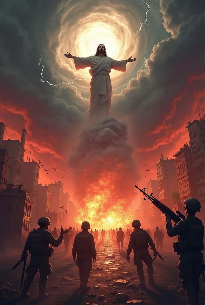 The end of the world with several zombies,pests,demons and jesus in the sky with open arms with red sky and black clouds with destroyed buildings and structures an earthquake, and a hurricane in the background with white lightning and clotheslines army people with bazookas, ak-47.