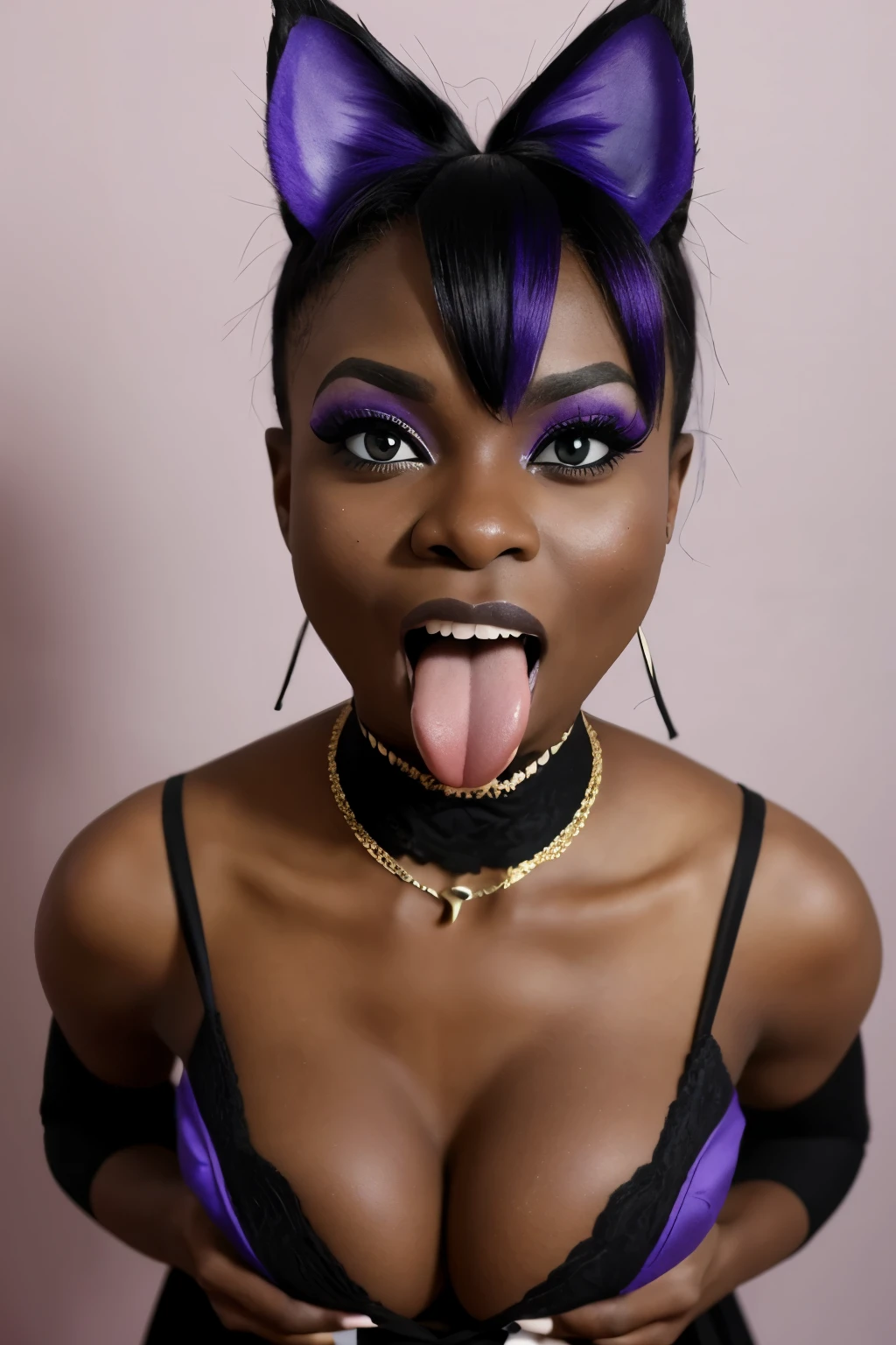 Beautiful black girl doing sexy pussy cat anime cosplay, purple hair, sticking out tongue, tongue out, (((long tongue))), (((eyes crossed))), (((eyes up))), ((( eyes back))), makeup on face, grimace towards the camera, funny grimace, sexy body, medium shot