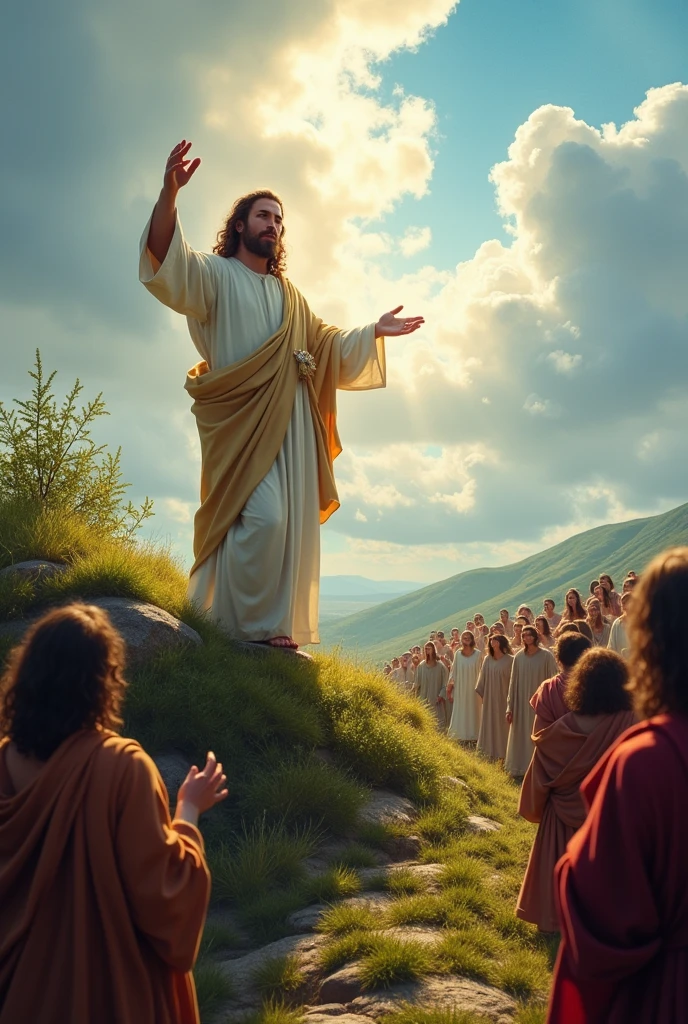 Create a classic-style depiction of the Sermon on the Mount, with Jesus as the central focus, standing on a natural hillside. The scene should feature a lush, naturalistic environment with rolling green hills, a clear blue sky, and sunlight that creates a strong contrast between the divine and the earthly. Jesus should be depicted in a posture of teaching, with one hand raised, exuding an authoritative and imposing expression as He addresses the crowd. The multitude should be detailed, with expressions of conversion and deep contemplation. Incorporate symbols representing the passage from Matthew 6:19-23, such as treasure chests symbolizing earthly wealth and celestial lights symbolizing heavenly treasures. The overall atmosphere should highlight the spiritual significance of the moment, with dramatic lighting that emphasizes the contrast between the divine presence of Jesus and the earthly setting