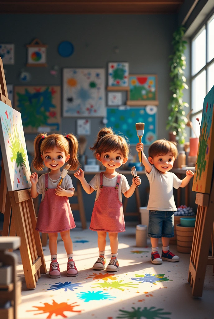 I want an art room with happy children painting and black and white walls.