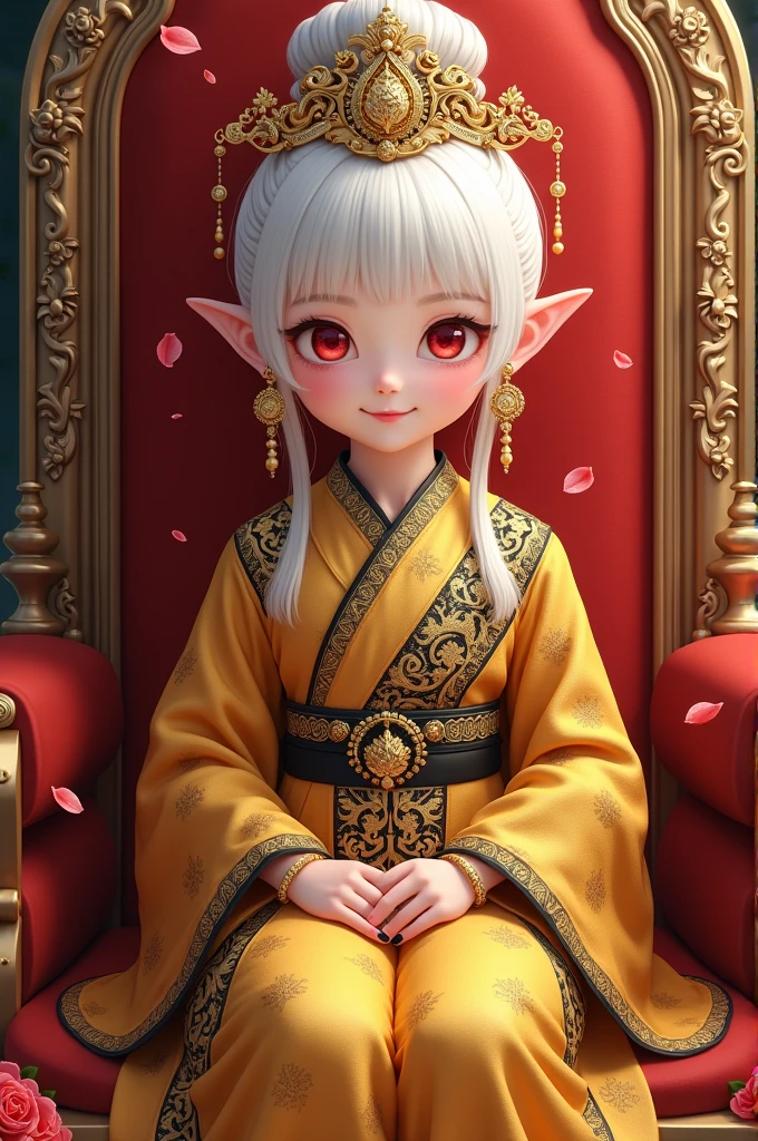 A full-body image of a 12-year-old South Korean girl in traditional Thai attire with intricate gold-black patterns, characteristic of Thailand, lying on a red cushion of a large throne, cheerful and bright, wearing gold jewelry and a black pendant, with white hair, in manga style, with a Korean aesthetic, red eyes, red flower petals floating in the air, and black nails