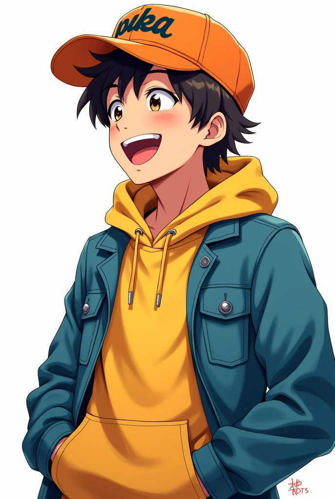 create an anime image of a 19 year old boy wearing a yellow hoodie and a blue jacket,His hair is dark brown and he wears an orange cap backwards,he is laughing turned to the side 