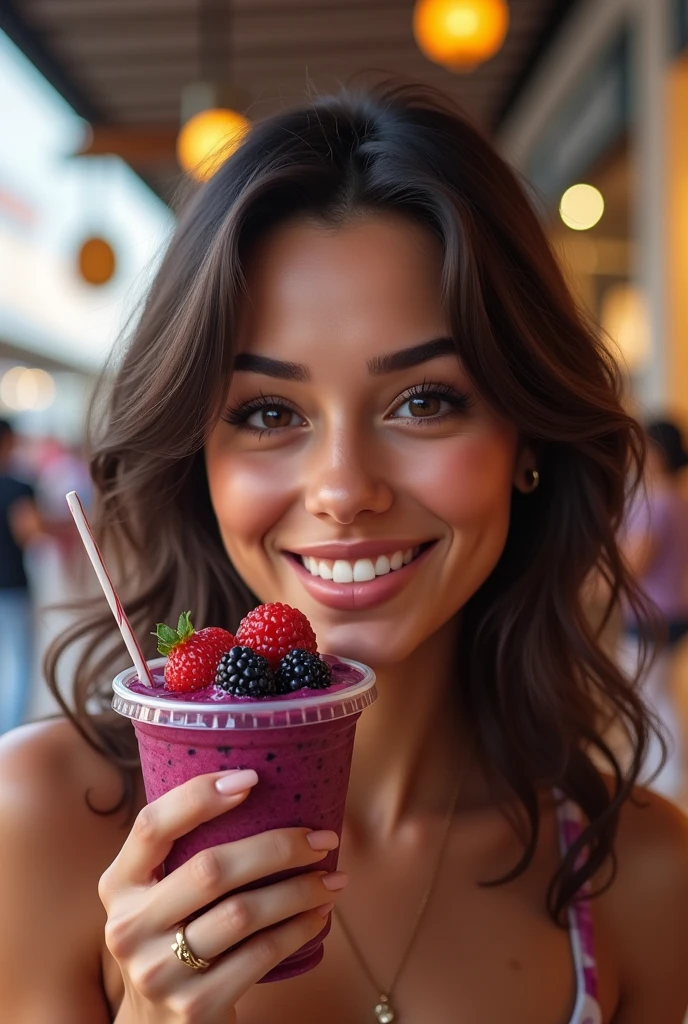 Brazilian woman aged 25 to 35, At the mall brown eye eating acai , ultra HD, high qualiy, best qualityer, high resolution, 8k, 16K
