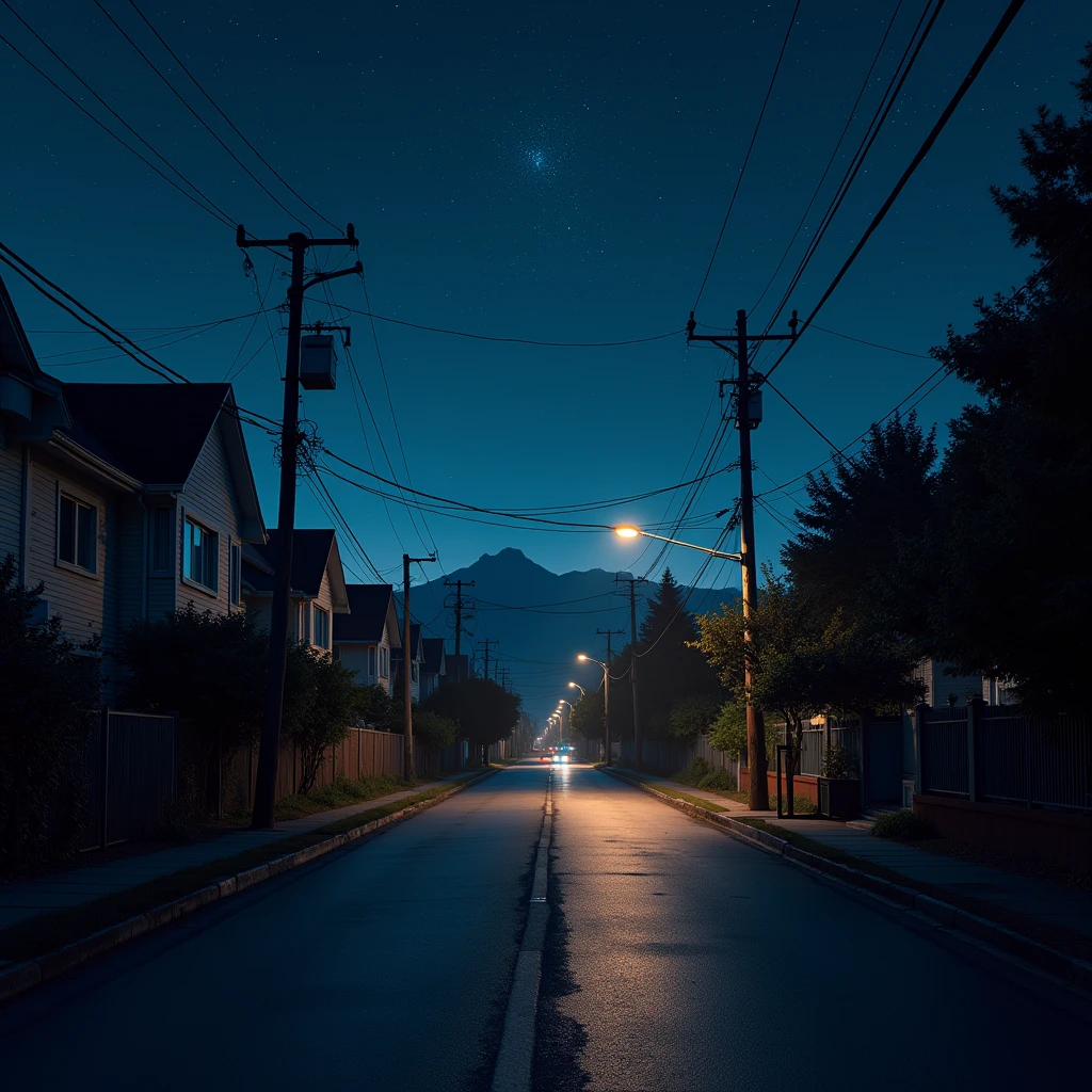 night city , retro , 1car parked ,empty street, calm neighberhood , stars and galaxy in the sky , realism , cinematic , high quality , Fujifilm