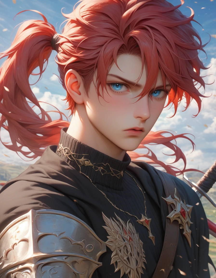 A man with red hair and black clothes, Beautiful face, blue eyes, very detailed young anime, Manga wallpaper 4k, anime man, detailed drawing of an anime character, elements of shabby armor, shoulder length hair, half of the hair is tied in a shot ponytail, frowning, Middle Ages, knight, warrior