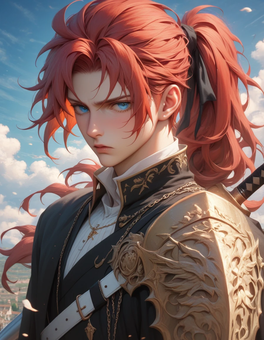 A man with red hair and black clothes, Beautiful face, blue eyes, very detailed young anime, Manga wallpaper 4k, anime man, detailed drawing of an anime character, elements of shabby armor, shoulder length hair, half of the hair is tied in a shot ponytail, frowning, Middle Ages, knight, warrior