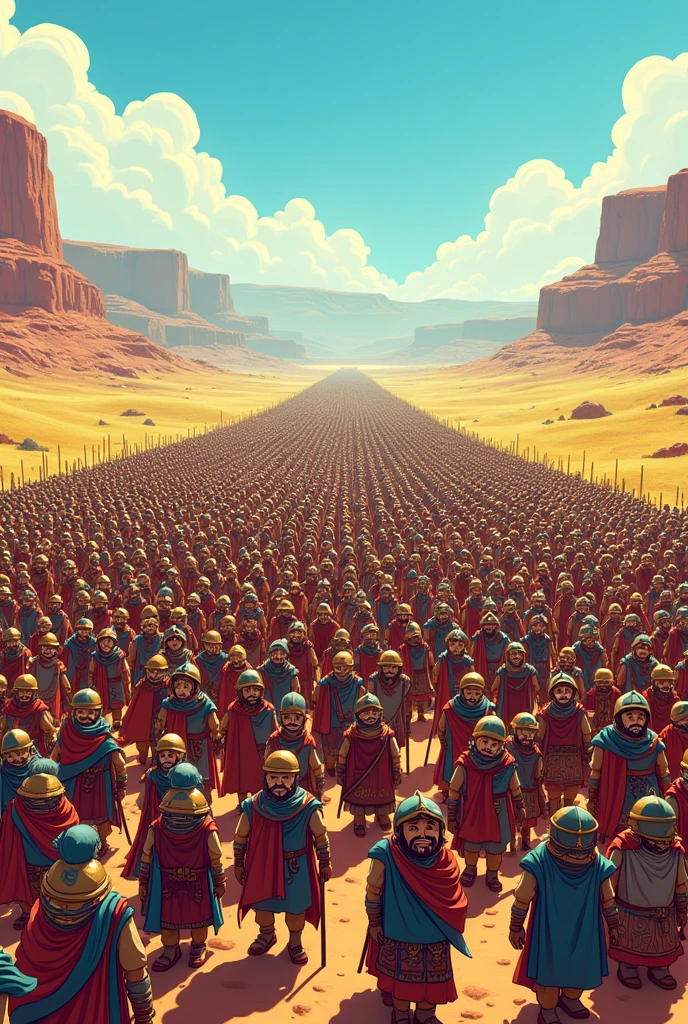 a cartoon image with a enormous ancient persian army. kids cartoon style. black outlines