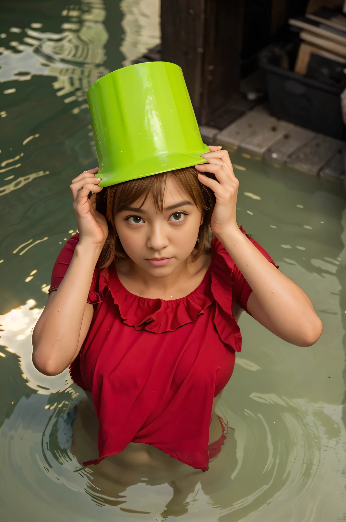 (Best quality, 8k, 32k, Masterpiece, UHD:1.2) "Convert the scene into a flooded coastal town inspired by Ponyo. The streets are submerged in crystal-clear, aqua-blue water, with rooftops just peeking above the surface. Small boats float gently between buildings, which have a warm, rustic charm with terracotta roofs and quaint details. The atmosphere is serene and magical, with vibrant sea creatures swimming through the submerged streets, creating a blend of underwater and above-ground life. Add soft, Studio Ghibli-inspired lighting that bathes everything in a gentle glow, enhancing the whimsical and fantastical elements of the scene. Ensure the environment feels alive and enchanted, reflecting the blend of everyday life and magic typical of Studio Ghibli films."